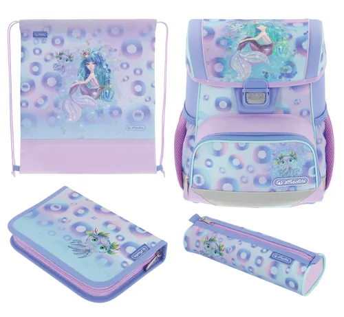 Herlitz Schulthek Loop Plus Mystic Mermaid 4-teiliges Set - Altersempfehlung ab: 6 Jahren - Wasserabweisend: Ja - Detailfarbe: Himmelblau - Hellrosa - Hellviolett - Gewicht: 1000 g - Volumen: 16 l - Motiv: Meerjungfrau