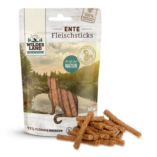Wildes Land Katzen-Snack Ente Pur Sticks 50 g - Snackart: Leckerli - Tierbedürfnis: Kein besonderes Bedürfnis - Packungsgrösse: 50 g - Produkttyp: Ergänzungsfutter - Fleischsorte: Ente - Tierart: Katze