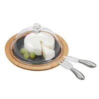 relaxdays Käseglocke mit Besteck 4-teilig - Anwendungszweck: Reibkäse - Materialtyp: Kunststoff - Material: Kunststoff - Bambuspapier - Schiefer - Detailfarbe: Hellbraun - Schwarz - Transparent - Set: Ja