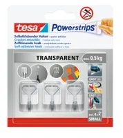 tesa Klebehaken Powerstrips Haken Small Transparent, 0.5 kg - Verpackungseinheit: 3 Stück - Material: Polystyrol (PS) - Detailfarbe: Transparent - Maximale Tragkraft: 0.08 kg - Widerstandsfähigkeit: Keine Angabe - Klebehaftung: Keine