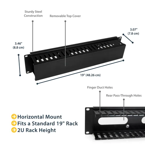 StarTech.com Horizontal 2U Server Rack Cable Management Finger Duct w/ Cover - 19" Network Rack Wire Duct Raceway Panel - Slotted Wire Duct