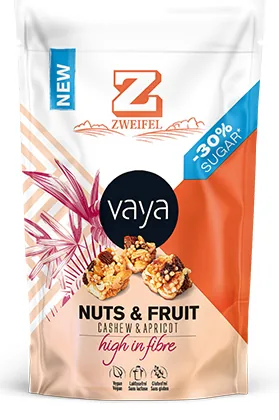 Zweifel VAYA Nuts & Fruits Cashew Apricot, 70 g - Produkttyp: Erdnüsse - Nährwertangabe pro: 100 g - Energiegehalt (in kj): 2210 KJ - Energiegehalt (in kcal): 530 Kcal - Fett: 33 g - Davon gesättigte Fettsäuren: 3.6 g