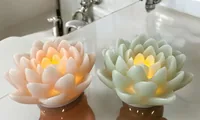Dameco LED Wachskerze Lotus Blüte 2er Set rosa und türkis grün - Betriebsart: Akkubetrieb - Fernbedienung: Nein - Aussenanwendung: Ja - Höhe: 16 cm - Timerfunktion: Nein - Set: Ja
