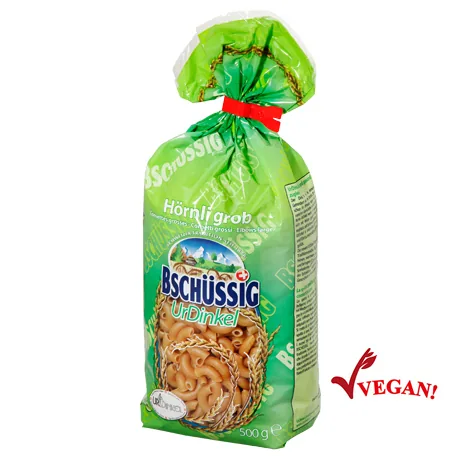 Bschüssig Teigwaren   UrDinkel Hörnli grob 500 g - Produkttyp: Hörnli - Nährwertangabe pro: 100 g - Energiegehalt (in kj): 1450 KJ - Energiegehalt (in kcal): 344 Kcal - Fett: 2.5 g - Gesättigte Fettsäuren: 1 g