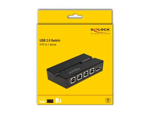 Delock USB-Switch 11493 - Anzahl Eingänge: 4 × - Steckertyp Seite A: USB-B Buchse - Anzahl Ausgänge: 1 × - Steckertyp Seite B: USB-A Buchse - Material: Kunststoff - Bedienungsart: Tasten