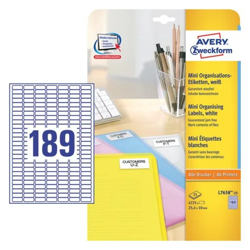 Avery Zweckform Mini-Etiketten L7658-25 25.4 x 10 mm - Klebehaftung: Permanent - Drucker Kompatibilität: Inkjet - Laser - Anzahl Blatt: 25 × - Papierformat: A4 - Anzahl Etiketten: 4725 - Etikettengrösse: 25.4 x 10 mm