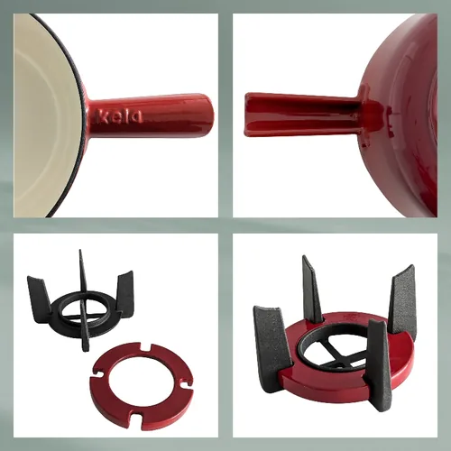 Kela Käsefondue-Set Calido 11 Teile, Rot - Anzahl Personen: 6 - Materialtyp: Metall - Material: Gusseisen - Betriebsart: Manueller Betrieb - Kompatible Kochfelder: Glaskeramik - Gas - Halogen - Induktion - Elektro - Detailfarbe: Rot