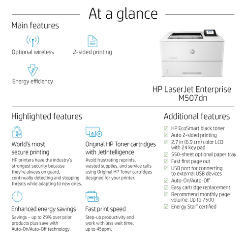 L HP LaserJet Enterprise M507dn S/W-Laserdrucker 43 S./Min. LAN Duplex
