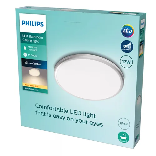 Philips Deckenleuchte Spray, 17W, 2700K, IP44, Weiss - Leuchten Kategorie: Deckenleuchte - Betriebsart: Netzbetrieb - Lampensockel: LED fest verbaut - Farbtemperatur Kelvin: 2700 K - Dimmbar: nicht dimmbar - Farbwiedergabeindex CRI: 80