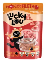 Lucky Lou Extra Food Thunfisch mit Apfel in Sud, 70 g - Tierbedürfnis: Kein besonderes Bedürfnis - Geschmacksrichtung: Apfel - Fisch - Zertifikate: Keine Zertifizierung - Fleischsorte: Thunfisch - Futtereigenschaft: Getreidefrei - Ohne künstliche Zusätze 