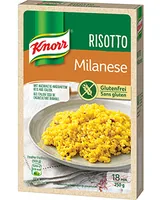 Knorr Risotto Milanese glutenfrei 250 g - Produkttyp: Risotto - Nährwertangabe pro: 100 g - Energiegehalt (in kj): 694 KJ - Energiegehalt (in kcal): 166 Kcal - Fett: 5 g - Gesättigte Fettsäuren: 3 g