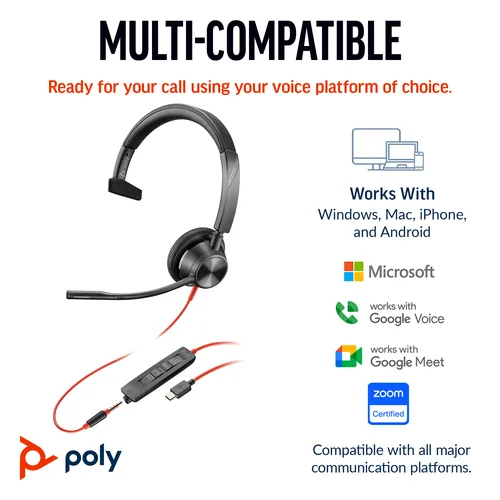 HP Poly Blackwire 3315 Monaural USB-C Headset +3.5mm Plug +USB-C/A Adapter