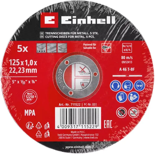 Einhell 5 Trennscheiben 125 mm - Zubehörtyp: Trennscheibe - Durchmesser: 125 mm - Für Material: Stahl - Edelstahl - Set: Ja