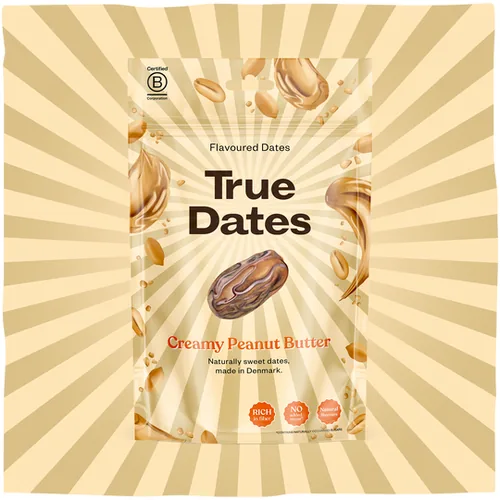 True Gum True Dates – Cremige Erdnussbutter 100g - Produkttyp: Datteln - Nährwertangabe pro: 100 g - Energiegehalt (in kj): 1401 KJ - Energiegehalt (in kcal): 331 Kcal - Fett: 2.8 g - Gesättigte Fettsäuren: 0.4 g