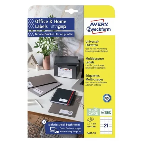 Avery Zweckform Universal-Etiketten 3481 70 x 41 mm, 10 Blatt - Klebehaftung: Permanent - Drucker Kompatibilität: Inkjet - Laser - Anzahl Blatt: 10 × - Papierformat: A4 - Anzahl Etiketten: 210 - Etikettengrösse: 70 x 41 mm