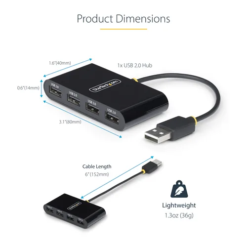 StarTech.com 4-Port USB 2.0 Hub, USB Bus Powered, Small Travel Mini USB Hub, USB 2.0 Splitter, Multi-Port Portable USB Hub, 480Mbps, Overcurrent Protection (OCP)