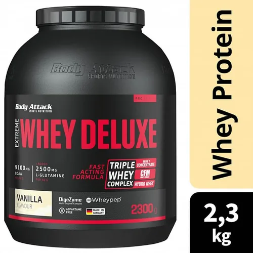 Body Attack Pulver Extreme Whey Deluxe Vanille 2300 g - Produktionsland: Deutschland - Anwendungszweck: Muskelaufbau - Kraft - Einnahme: Nach Aktivität - Vor Aktivität - Gewicht pro Einheit: 2300 g - Verpackungseinheit: 1 Stück - Sportart: Fitness