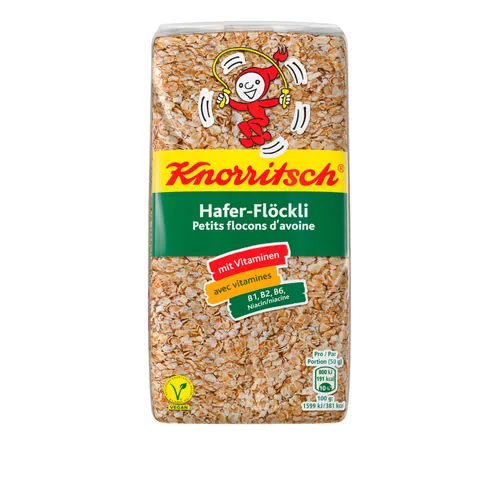 Knorr Hafer-Flöckli 500 g - Produkttyp: Getreide - Nährwertangabe pro: 100 g - Energiegehalt (in kj): 1599 KJ - Energiegehalt (in kcal): 381 Kcal - Fett: 7 g - Gesättigte Fettsäuren: 1.3 g