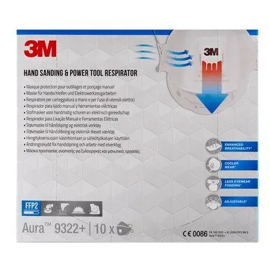 3M Atemschutzmaske Aura 9322+ FFP2, 10 Stück - Maskentyp: Halbmaske - Grösse: Einheitsgrösse - Schutzklasse: FFP2 - Detailfarbe: Weiss