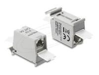 Delock RJ45 Kupplung Cat.6A Buchse zu Buchse mit Staubschutzklappe für Hutschienen Montage geschirmt grau / weiß