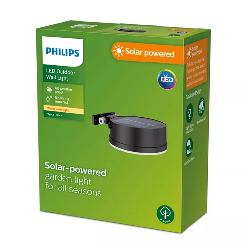 Philips Solar Vynce Wandleuchte, Lichtsensor, rund, 2700K, schwarz - Dimmbar: nicht dimmbar - Lichtfarbe: Warmweiss (WW) - Lichtausbeute: 133.3 lm/W - Gesamtleistung: 1.5 W - Zusätzliche Ausstattung: Dämmerungssensor - Farbtemperatur Kelvin: 2700 K
