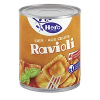 Hero Dose Eier Ravioli 870 g - Produkttyp: Pastagerichte - Nährwertangabe pro: 100 g - Energiegehalt (in kj): 361 KJ - Energiegehalt (in kcal): 86 Kcal - Fett: 2.4 g - Gesättigte Fettsäuren: 0.7 g