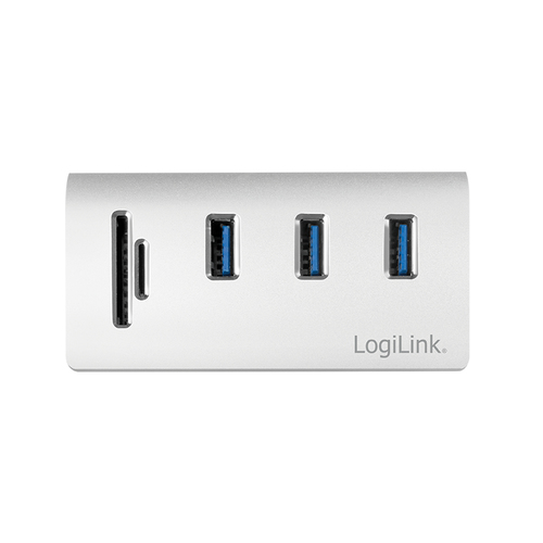 Logilink USB 3.0 HUB 3-Port, mit Kartenleser, ALU, silber