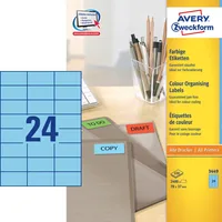 Avery Zweckform Universal-Etiketten Blau, 100 Blatt - Klebehaftung: Permanent - Drucker Kompatibilität: Inkjet - Laser - Anzahl Blatt: 100 × - Papierformat: A4 - Anzahl Etiketten: 2400 - Etikettengrösse: 70 x 37 mm