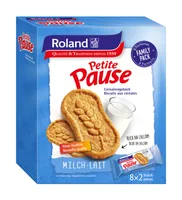 Roland Snacks Petite Pause Milch 280 g - Produkttyp: Crackers - Nährwertangabe pro: 100 g - Energiegehalt (in kj): 1883 KJ - Energiegehalt (in kcal): 449 Kcal - Fett: 18 g - Gesättigte Fettsäuren: 4.4 g