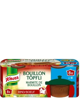 Knorr Rinds-Bouillon Pur 224 g - Produkttyp: Fleischbouillon - Nährwertangabe pro: 100 g - Energiegehalt (in kj): 22 KJ - Energiegehalt (in kcal): 5 Kcal - Fett: 0.5 g - Gesättigte Fettsäuren: 0.2 g