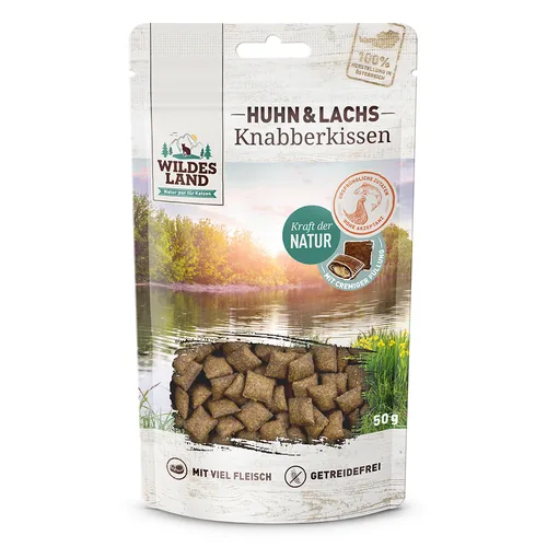 Wildes Land Katzen-Snack Knabberkissen Huhn und Lachs 50 g - Snackart: Leckerli - Tierbedürfnis: Kein besonderes Bedürfnis - Packungsgrösse: 50 g - Produkttyp: Ergänzungsfutter - Fleischsorte: Huhn - Lachs - Tierart: Katze