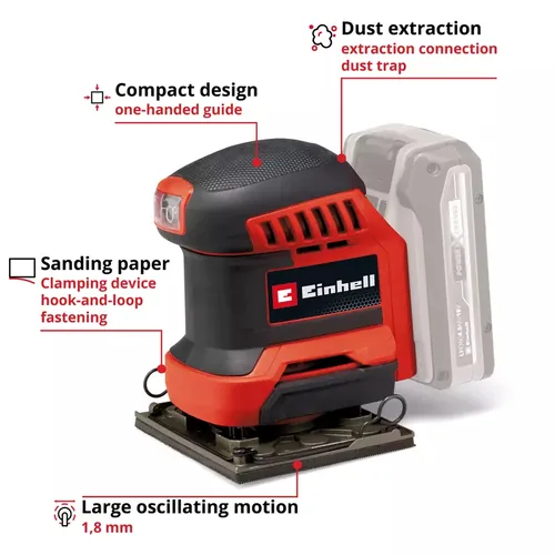 Einhell Akku-Schwingschleifer TE-OS 18/113 Li – Solo - Ausstattung: Ohne Akku & Ladegerät - Set: Nein - Produktkategorie: Schwingschleifer - Werkzeugaufnahme: Micro-Klettverschluss - Akkusystem: Einhell Power X-Change - Spannung: 18 V