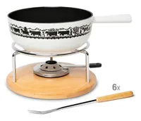 Stöckli Käsefondue-Set Sätnis Classic 8 Teile, Braun/Weiss - Anzahl Personen: 6 - Materialtyp: Metall - Material: Metall - Betriebsart: Pastenbrenner - Kompatible Kochfelder: Induktion - Detailfarbe: Weiss - Braun