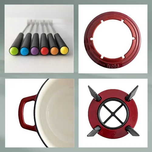 Kela Käsefondue-Set Calido 11 Teile, Rot - Anzahl Personen: 6 - Materialtyp: Metall - Material: Gusseisen - Betriebsart: Manueller Betrieb - Kompatible Kochfelder: Glaskeramik - Gas - Halogen - Induktion - Elektro - Detailfarbe: Rot