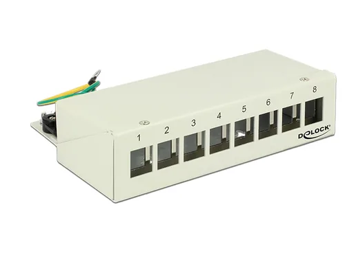 Delock Netzwerkpanel 8 Port Keystone Desktop grau - Detailfarbe: Grau - Montage: Wand - DIN-Rail - Desktop - Serie: Standard - E-Nr.: 0 - Schirmung: Ja - Schnittstellen: Keystone