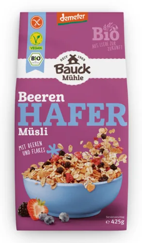 Bauck Mühle Müesli Hafer Beere 425 g - Produkttyp: Früchte & Beeren - Nährwertangabe pro: 100 g - Energiegehalt (in kj): 1517 KJ - Energiegehalt (in kcal): 359 Kcal - Fett: 5 g - Davon gesättigte Fettsäuren: 0.8 g