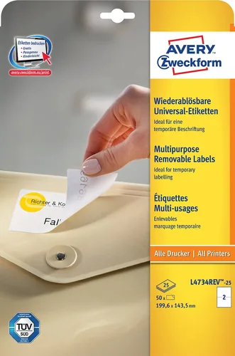 AVERY ZWECKFORM Universaletik. 199,6x143,5mm L4734REV-25 weiss 60 Stk./25 + 5 Blatt