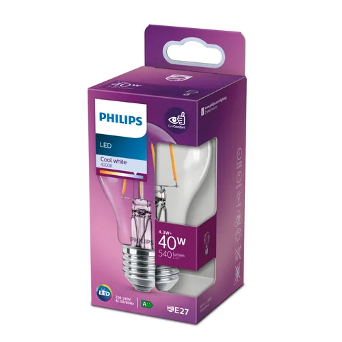 Philips Lampe LEDcla 40W E27 A60 WW CL ND Warmweiss (WW) - Energieeffizienzklasse EnEV 2020: F - Lampensockel: E27 - Farbtemperatur Kelvin: 2700 K - Gesamtleistung: 4.3 W - Dimmbar: nicht dimmbar - Zusätzliche Ausstattung: EyeComfort