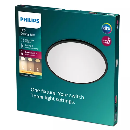 Philips Deckenleuchte LED SceneSwitch CL550 1500 lm 2700K, Schwarz - Leuchten Kategorie: Deckenleuchte - Betriebsart: Netzbetrieb - Lampensockel: LED fest verbaut - Farbtemperatur Kelvin: 2700 K - Dimmbar: nicht dimmbar - Farbwiedergabeindex CRI: 80