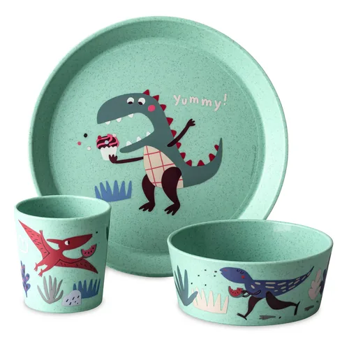 Koziol Kindergeschirrset CONNECT REX sage green - Art: Kindergeschirrset - Materialtyp: Biokunststoff - Material: Biozirkulärer Kunststoff - Eigenschaften: Aus recyceltem Material - Detailfarbe: Grün - Spülmaschinenfest: Ja