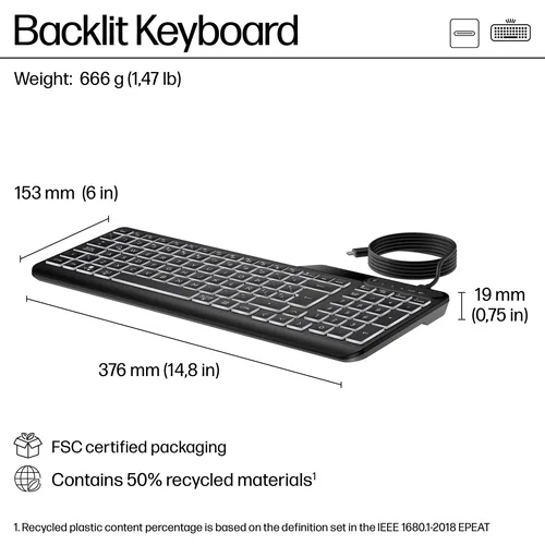 HP 400 Backlit Wired Keyboard clavier Maison USB Noir