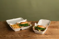 BioPak Menübox Hinged 470/300 ml Braun 2-Teilung, 50 Stück - Detailfarbe: Braun - Materialtyp: Pflanzliche Faser - Material: Zuckerrohrpulpe (Bagasse) - Verpackungseinheit: 50 Stück