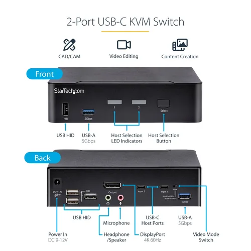 StarTech.com 2-Port USB-C KVM Switch, Single 4K 60Hz DisplayPort Monitor, 3.5mm Audio, 6x USB Hub Ports, Hot Key Switching, Thunderbolt 3/4 Compatible - TAA