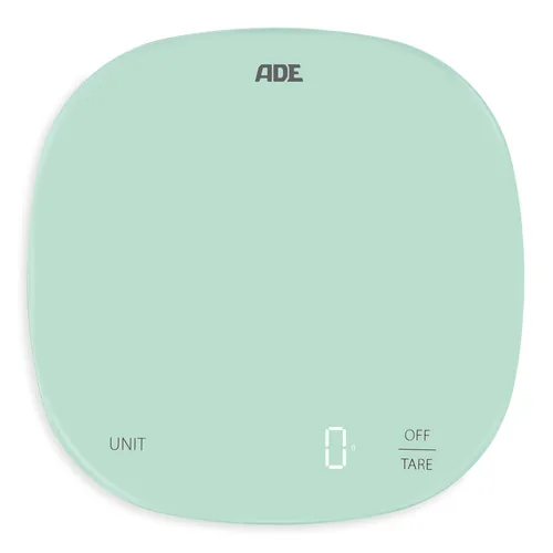 ADE Küchenwaage Kyra 18 x 18 cm Mint - Bedienungsart: Elektronisch - Messschritte: 1 g - Tara-Zuwiegefunktion: Ja - Detailfarbe: Mint - Gewicht Max.: 10 kg - Material: Glas