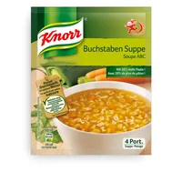 Knorr Buchstabensuppe 4 Portionen - Produkttyp: Beutelsuppen - Nährwertangabe pro: 100 g - Energiegehalt (in kj): 104 KJ - Energiegehalt (in kcal): 25 Kcal - Fett: 0.5 g - Davon gesättigte Fettsäuren: 0.2 g