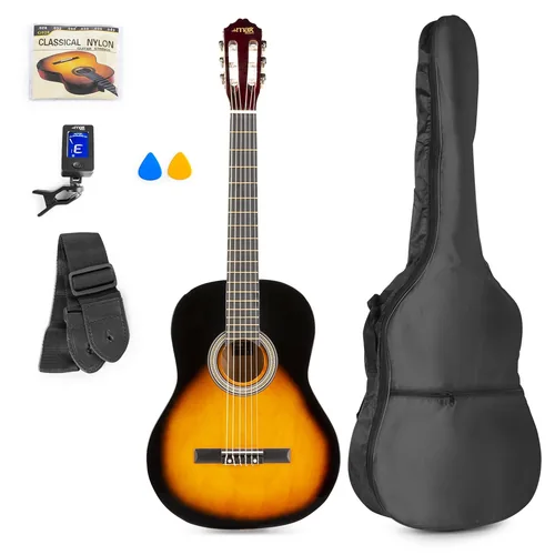 MAX Konzertgitarre SoloArt Set Sunburst - Griffbrett: Ahorn - Decke: Linde - Decke massiv: Nein - Gitarrengrösse: 4/4 - Mensur: 65 cm - Ausführung: Rechtshänder