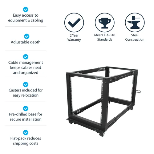 12U SERVER RACK - OPEN FRAME ADJUSTABLE DEPTH 4 POST RACK