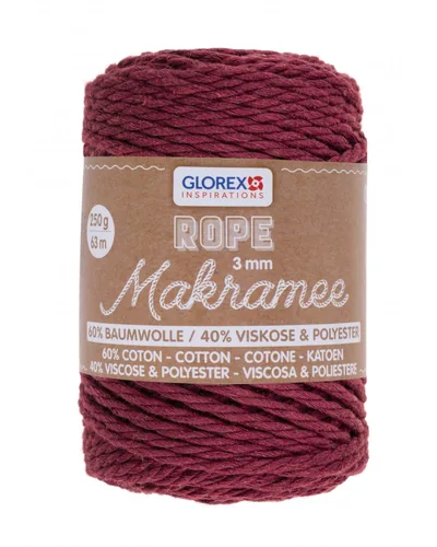 Glorex Wolle Makramee Rope gedreht 63 m x 3 mm, 250g, Bordeaux - Packungsgrösse: 1 Stück - Länge: 63 m - Material: Wolle - Detailfarbe: Bordeaux - Waschbar bei: 40 °C - Nadelstärke: 7 mm - 5 mm