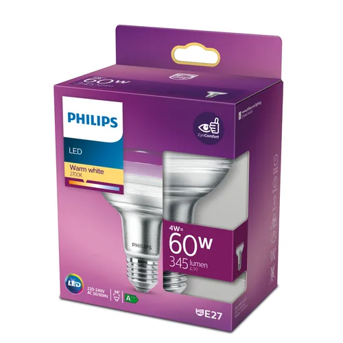 Philips Lampe LEDcla 60W E27 R80 WW ND 36D Warmweiss (WW) - Energieeffizienzklasse: F - Lampensockel: E27 - Protokoll: Ohne - Smart Home: Nicht kompatibel - Farbtemperatur Kelvin: 2700 K - Gesamtleistung: 4 W