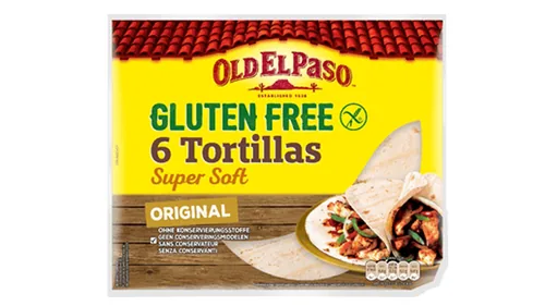 Old El Paso Glutenfreie Tortillas soft 6 Stück - Produkttyp: Tortillas & Tacos - Nährwertangabe pro: 100 g - Energiegehalt (in kj): 1136 KJ - Energiegehalt (in kcal): 268 Kcal - Fett: 2.2 g - Gesättigte Fettsäuren: 0.7 g